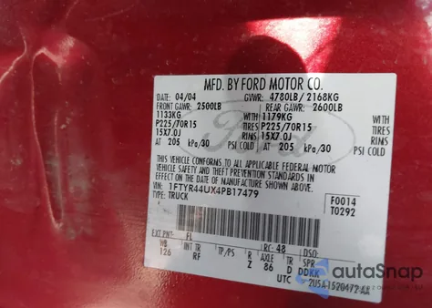 2004 Ford Ranger Edge/Tremor/Xlt z USA, uszkodzony, nr VIN 1FTYR44UX4PB17479